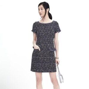 Banana Republic Black Blue Tweed Fringe Short Sleeve Wide Neck Shift Dress Sz 0